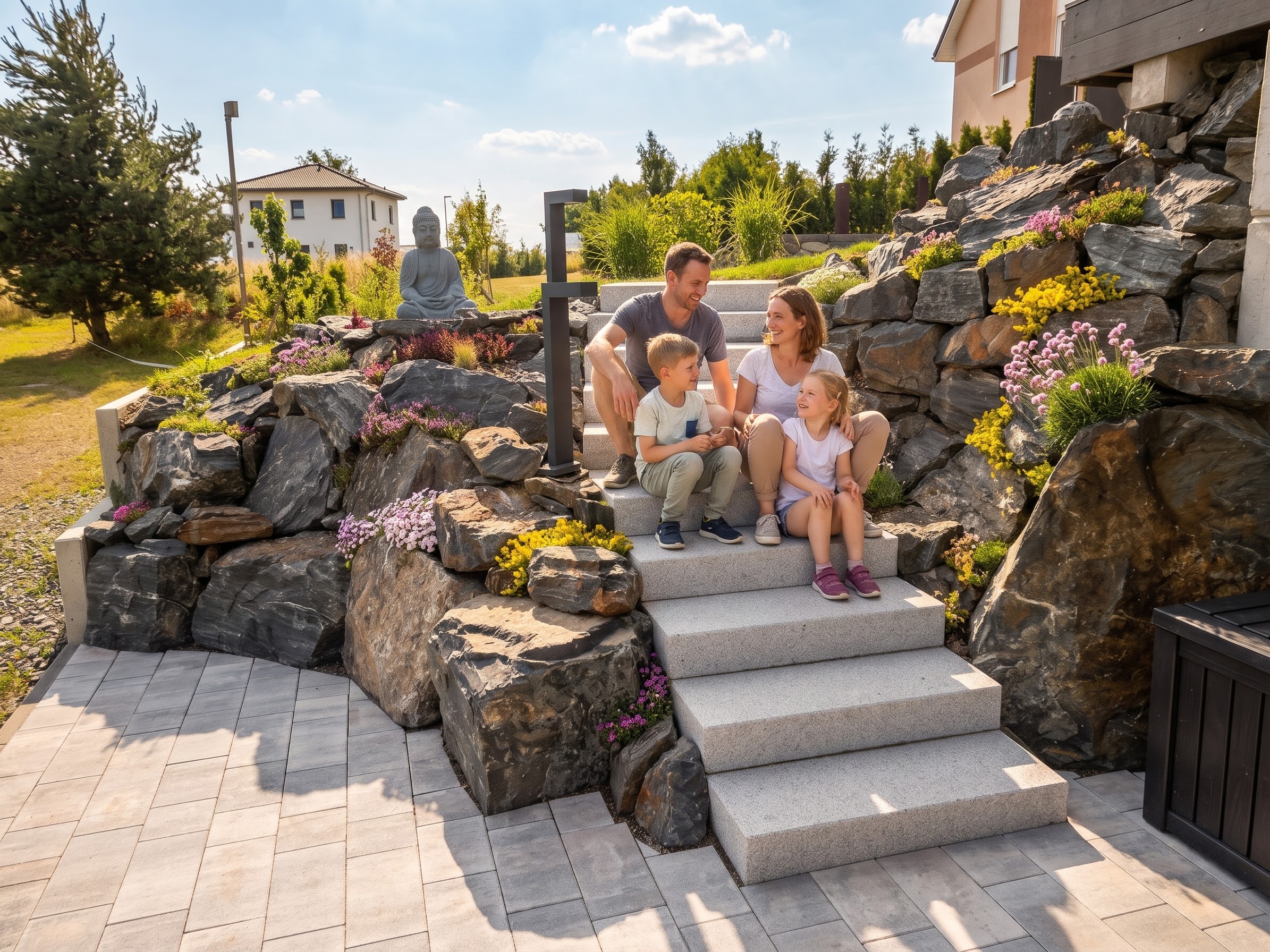 Blockstufen und Felsenmauer aus Granit