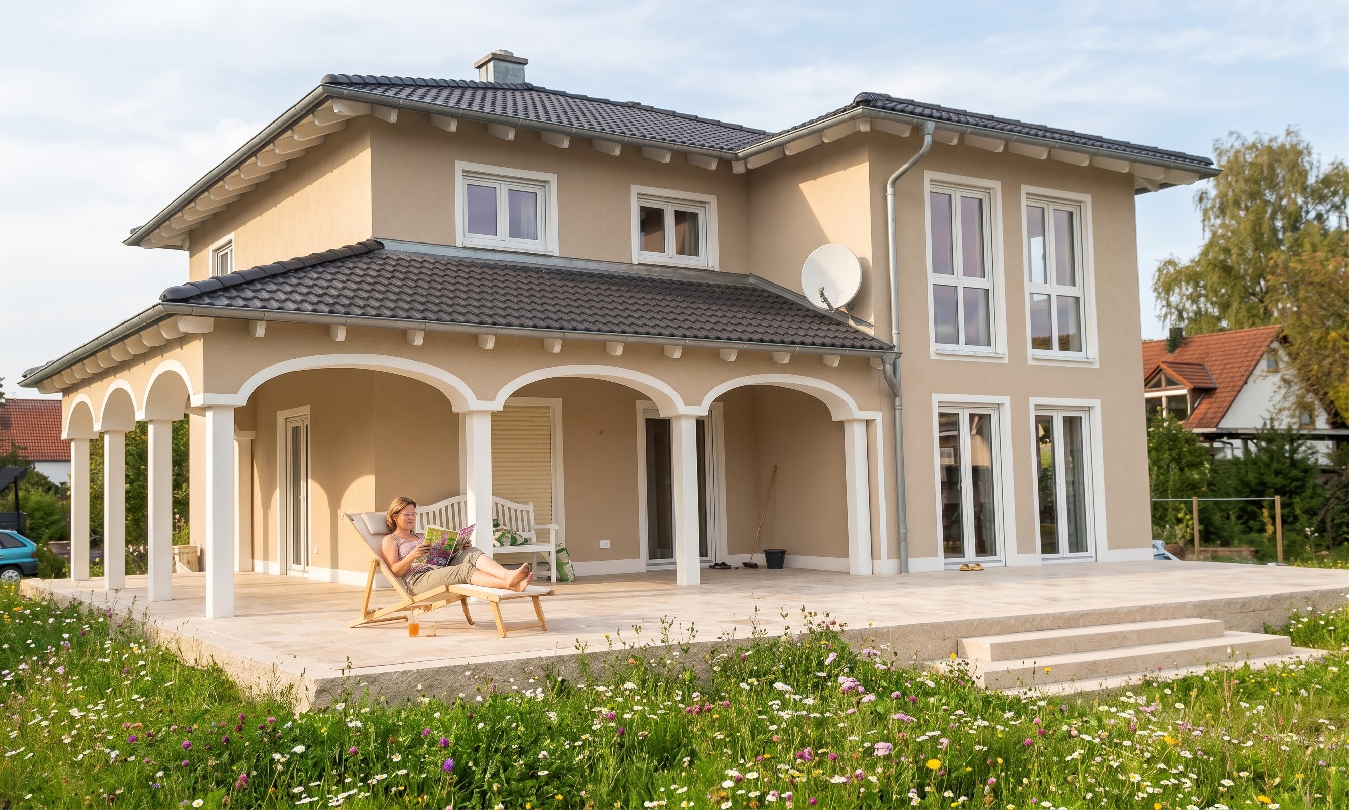 Terrassenplatten mit Blumenwiese